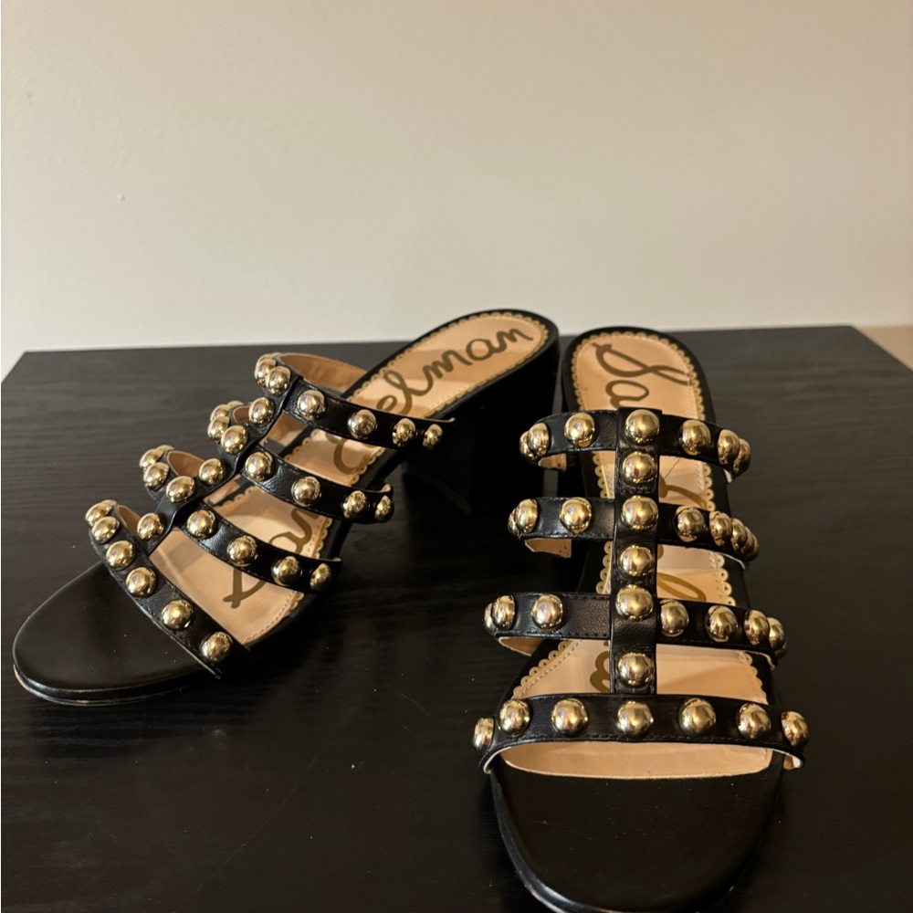 Sam Edelman Black and Gold Studded Heels, Size 8